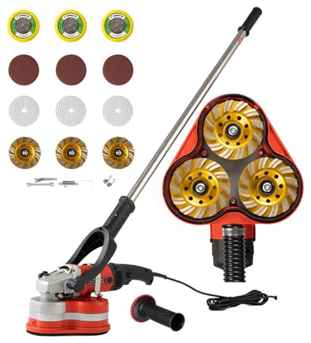 Electric Diamond Polisher Machine+Telescopic Rod 3800W 6 Speed Gears Triple Head Concrete Diamond Grinder for Metal,Stone,Cement Brick Surface Grinding,Epoxy Resin Removal Rock Granite