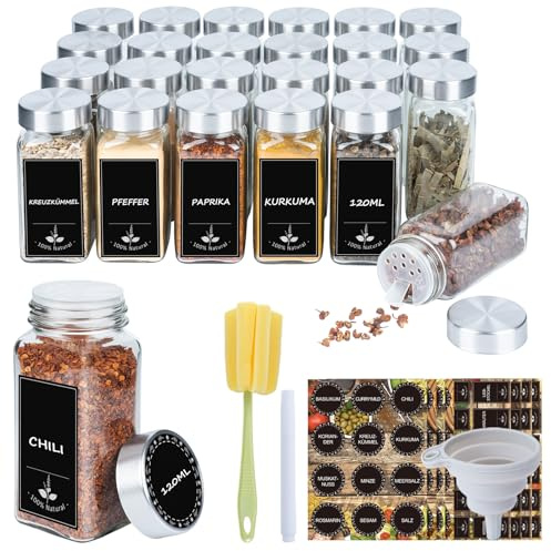 24 Pots à Épices en Verre Carré 120ml avec Insert Saupoudreur – Bocaux Épices Cuisine avec Étiquettes, Entonnoir, Marqueur et Brosse – Boite Épices Rangement Cuisine, Capuchon en Acier Inoxydable