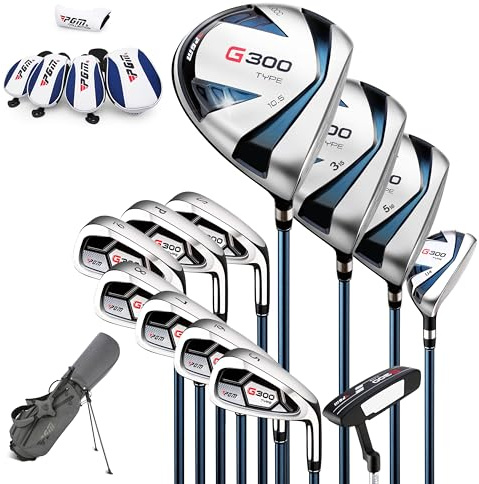 PGM Herren G300 Golfschläger-Set – Titan #1 Driver, Draw-Biased Hybrid, hochfestes Eisen-Set, Putter mit hoher Fehlertoleranz, mit Standtasche (Rechtshänder, 12 Stück Clubs-Regular + 2,5 cm)