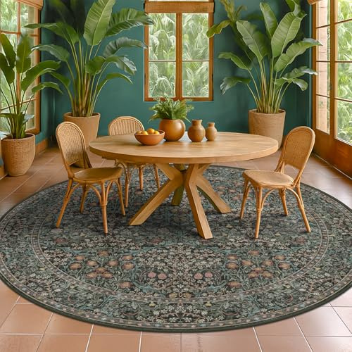 Vintage Washable Round Rugs 8ft, Ultra Soft Large Circle Area Rugs for Living Room, Dining Room Under Table Non Slip, Bedroom Under Bed, Dark Green Oriental Floral Round Floor Carpet Décor