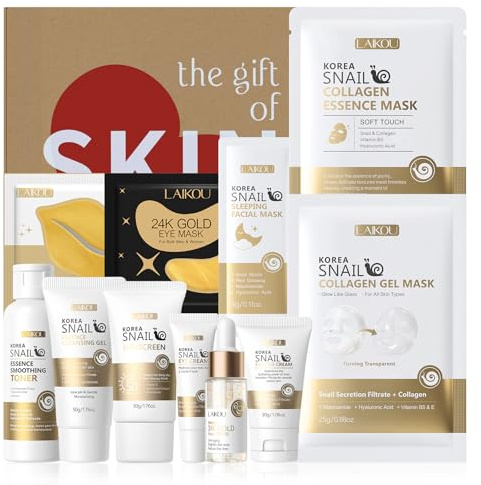 LAIKOU Korea Snail Skincare Set, 11 Pcs Hydrating & Repairing for Women | Skin Care Sets & Kits-Collagen & 24K Gold, Birthday Christmas Pamper Gifts for Teenage Girls Friend, Travel-Friendly