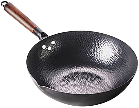 Wok tradizionale in acciaio al carbonio martellato a mano con manico in legno, si adatta a tutte le stufe