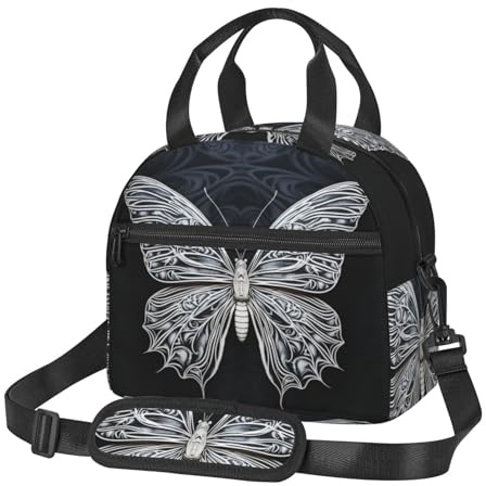 Lonchera aislada con diseño de mariposa blanca sobre fondo negro, para mujeres y hombres, reutilizable, a prueba de fugas, para oficina, picnic
