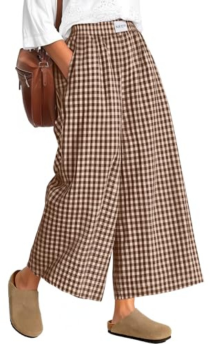 Neer Womens Gingham Striped Wide-Leg Pants | Flowy Skirt Pants, Plaid Checkered or Stripe Culottes, Comfy Pajama Bottom, Elastic Waist Palazzo, Loose Casual Dress Pants