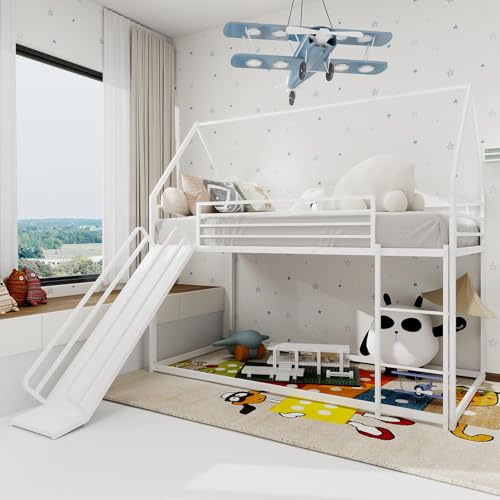 A ALFRESCOOL Cama alta con tobogán, cuna, escalera de estructura de cama moldeada en casa, no requiere somier, fácil de montar, 194 x 105 x 179 cm (blanco)