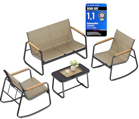 SONGMICS Set Mobili da Giardino, Set da Balcone, 2 Sedie a Dondolo con Tavolino, Panchina da Giardino, Acciaio, Tessuto Sintetica Traspirante, per Terrazza e Giardino, Marrone Chiaro GGF0028KZ01