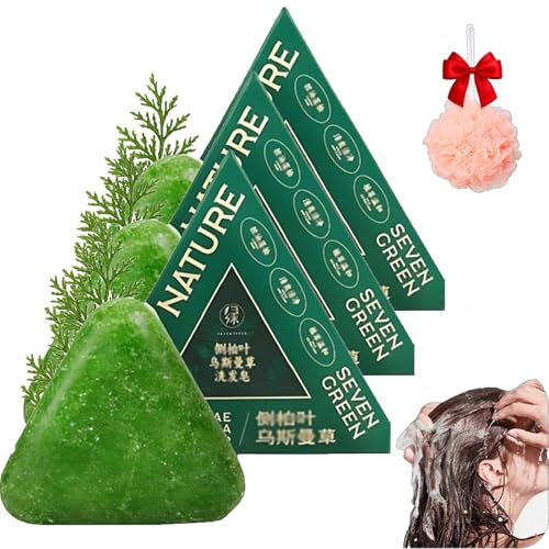 Nature Triangle Shampoo Bar, Nature Seven Green Soap Shampoo Bar, Usman Grass Klebreiswasser Festseife, Natürlich Bio Pflanzenbasiert, Beruhigend & Kräftigend für Frauen und Männer (3PCS)