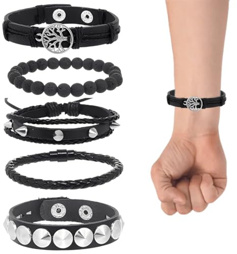 YUVKIN Lot de 5 Bracelets en Cuir Unisexes Style Punk, Manchette Gothique avec Clous (pour Halloween, Noël, Fête à Thème, Concert Rock) (Noir)