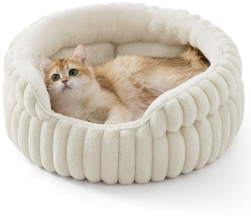 BEDSURE Katzenbetten Waschbares Cord-Fleece Welpenbett, 51x51cm | Rundes Kätzchenbett Umarmungs-Stil Tiefschlaf hohe Ränder, herausnehmbares Wendekissen, rutschfest, Weiß