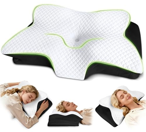 ROOWANA Cuscino per dolori al collo, cuscino ortopedico in memory foam, cuscino ergonomico per chi dorme sul fianco, cuscino cervicale per dorme laterale, schiena e addome, 61,7 x 37 x 13/13,6 cm