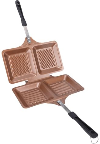 JTLB Poêle à panini en fer antiadhésive double face pour sandwichs grillés à chaud avec poignée pour un usage domestique dans la cuisine, barbecue, steak, gaufres (doré)