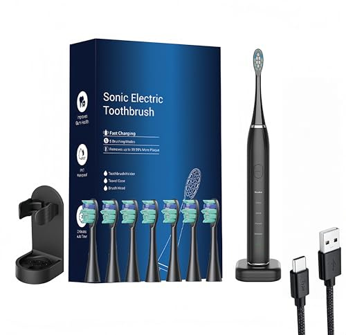 ProSonic V1 – Ultraschallzahnbürste Mit Reiseetui Und Ladestation Für Unterwegs (Schwarz + 8 Ersatzzahnbürsten)