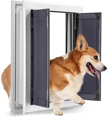 WENNEWU Aluminium-Hundeklappe für Außentüren, Tierklappe mit Einschubpaneelen, Starke Doppelmagnetklappen, Hochwertige Hundeklappe, für Große und Mittelgroße Hunde,Silber,Medium