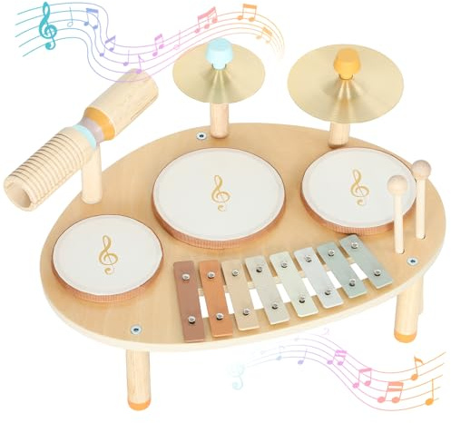 AIYAPLAY Set Musicale per Bambini, Strumenti in Legno e Metallo con Tamburi e Xilofono per Età 2+ Anni, Regali Musicali per Bambini e Bambine, Colore Legno Naturale