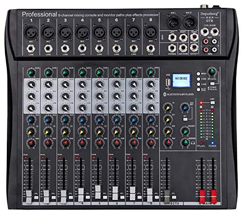 Depusheng DT8 Professional Mixer Sound Board Console 8 Channel Desk System Interface Digital USB Computer MP3 Input 48V Phantom Power Stereo DJ Studio FX Steel Chassis,Black