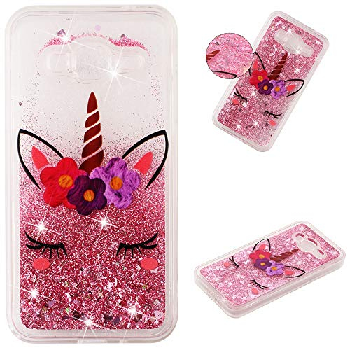 HopMore Glitzer Hülle für Samsung Galaxy J3 2016 (J310) Handyhülle Silikon 3D Flüssig Transparent Kreativ Muster Schutzhülle Durchsichtig Silikonhülle Stoßfest Gummi Slim Case Cover - Einhorn