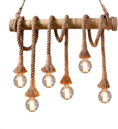 CABLEPELADO Lampara cuerda colgante Bamboo | Apto para 6 bombillas con casquillo E27 (no incluidas) | Decoración lampara Rustica | Decoración lampara Vintage | 80 cm ancho | Cáñamo natural