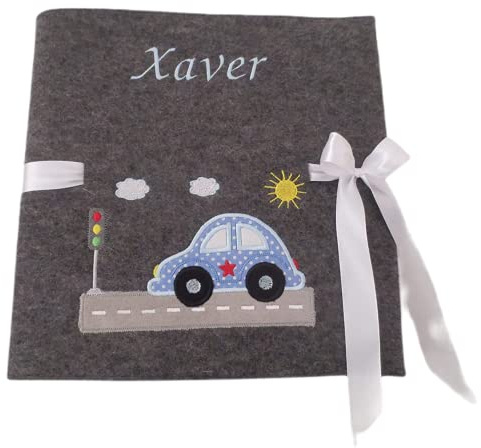Fotoalbum Kind/Baby Album Name Auto Junge Mädchen Geburt Wollfilz 30 cm x 30 cm