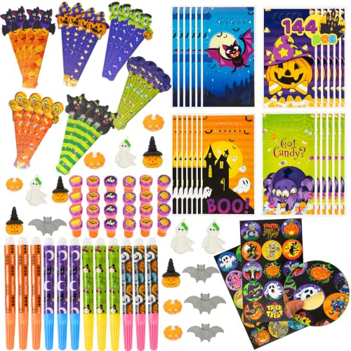 JOYIN 144pcs sortiertes Halloween-Themen-Briefpapier für Kinder, Geschenkset für Süßes und Saures, Mitbringsel, Spielzeug, einschließlich Halloween-Bleistiften, Stempeln in Süßes oder Saures-Beuteln