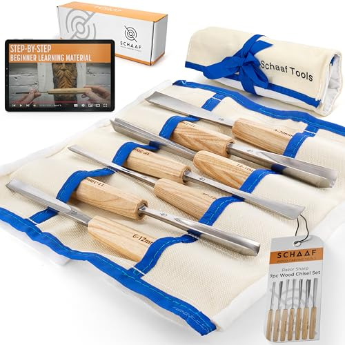 Schaaf Wood Carving Tools, Lot de 7 burins d'extension avec étui en toile | Gouges pleine taille pour débutants, amateurs et professionnels | Lames tranchantes et de qualité certifiée CR-V 60 en acier