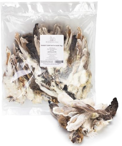 Riverside Hasenohren für Hunde mit Fell (1 kg 50-65) | natürliche, luftgetrocknete Kaninchenohren für große und kleine Hunde | getreidefrei, glutenfrei und hypoallergen | hergestellt in der EU