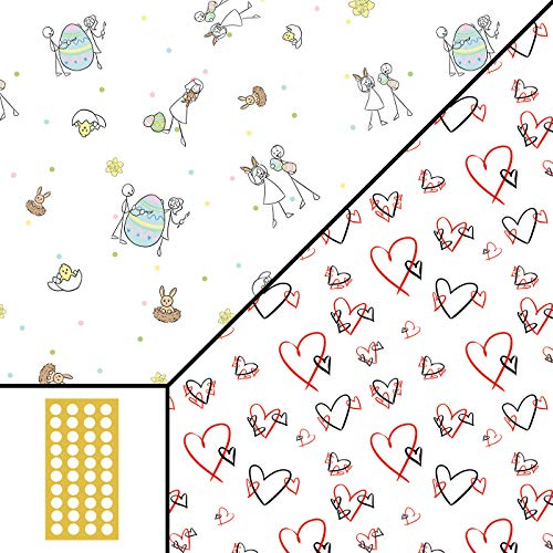 Geschenkpapier OSTERN Kinder Ostereier Osterhase - doppelseitig bedruckt Herzen rot - 5 Bogen 42x59cm gefaltet 30 Klebepunkte Aufbewahrung nachhaltig Geschenk Mädchen