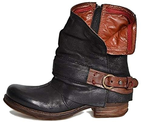 ORANDESIGNE Damen Retro Leder Stiefel Blockabsatz Stiefeletten Frauen Bequeme Schuhe mit Rutschfester Sohle Herbst Winter Casual Boots