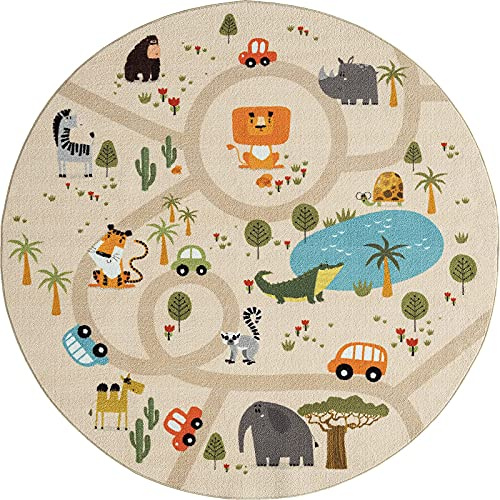 the carpet Happy Life – Kinderteppich Spielteppich mit Straßen‑Motiv, Dschungel, Tiere & Autos, rutschfest & pflegeleicht, ideal fürs Kinderzimmer, Rund, Beige, 160 x 160 cm