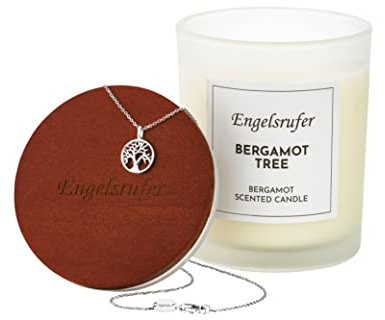 Engelsrufer Schmuck Kerze Bergamotte Duft mit Halskette und Lebensbaum Symbol Anhänger - Brenndauer ca. 35 Stunden - Vegan - aus 100% Sojawachs - frei von Schadstoffen
