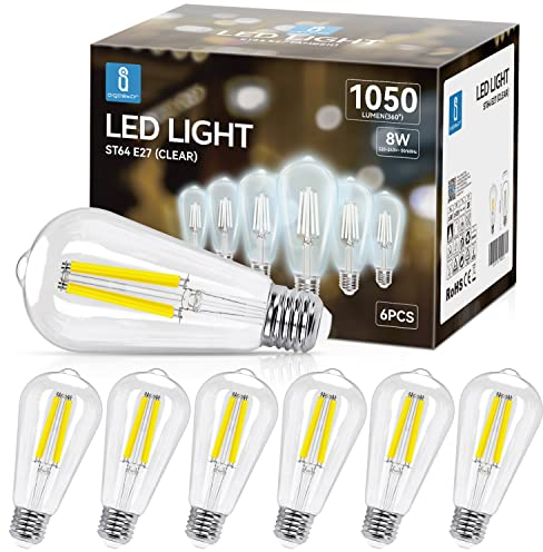 Aigostar Ampoule LED Filament E27,Blanc Froid 6500K,1050LM,8W Equivalent à Ampoule Incandescente 75W,Rétro Ampoule LED ST64,Non-dimmable, Lot de 6