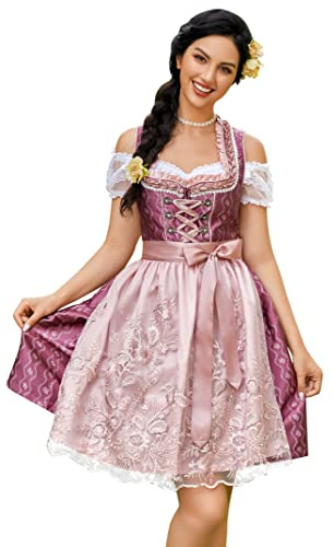 Clearlove Dirndl för damer, midi, 3 delar, traditionell klänning för oktoberfest och karneval, tre delar: klänning, blus och förkläde (återanvändbar förpackning), 36