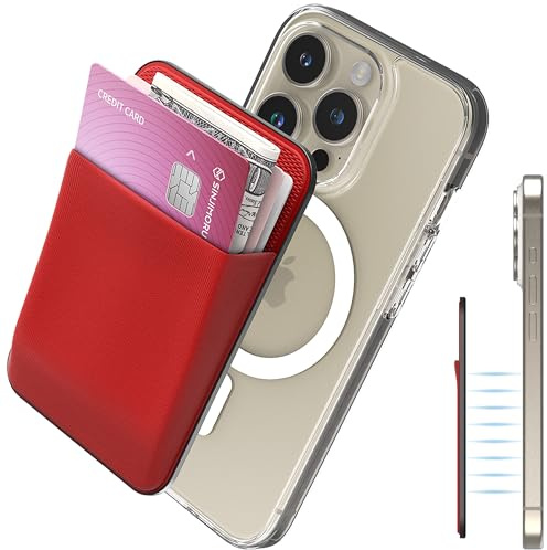 Sinjimoru Rutschfester Magnetischer Handy Kartenhalter für MagSafe, Kreditkartenetui Handy Wallet Magnetic Card Holder kompatibel mit iPhone 15 14 13 12 Reihe. M-Basic Red