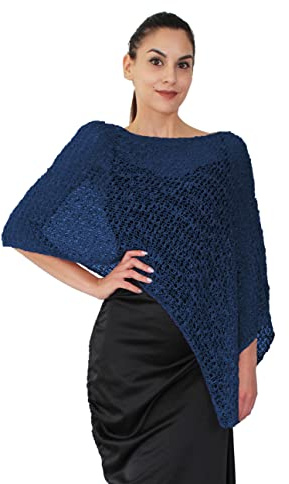 creazioni unique Poncho Pop Coprispalle da Donna Elegante da Cerimonia o Sera - Poncho Donna Autunnale e Primaverile in Viscosa Termica a Maglia Larga con Essenza di Fiore di Ciliegio (Blue Navy)