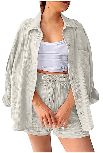 Damen Zweiteiler Sommer Langarm Hemd Hemdshirt Bluse Kurze Hose Set Plissee Baumwolle 2 Teilige Freizeitanzug Kurz Einfarbig Outfit Set mit Knopfleiste&Brusttasche