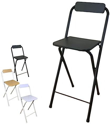Barhocker Klappbarer, 60 cm Sitzhöhe, moderner Faltbarer Küchenstuhl, hoher Hocker mit Rückenlehne und Fußstütze, 120 kg Tragkraft (Color : Black, Size : 24in/60cm)