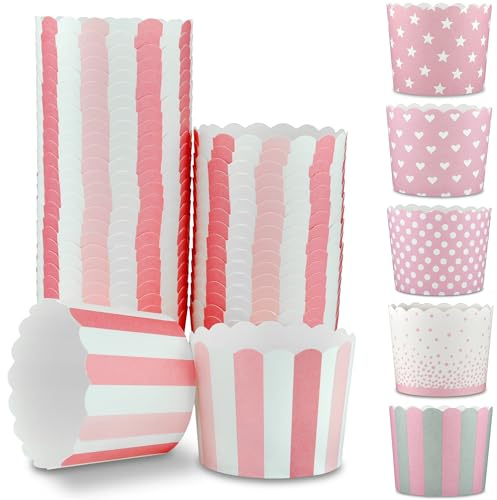 Frau WUNDERVoll® 25 Muffin Backformen weiß rosa pink Streifen, Durchmesser 6,1 cm/Muffins Muffinbackform Muffinform Form Backförmchen Cupcake Formen Förmchen Papier Cupcakeformen