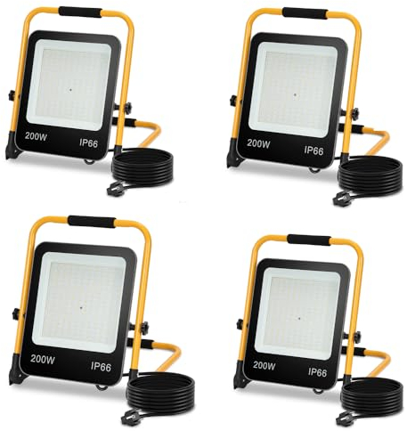 Yakimz LED faretto da cantiere luce da lavoro 200W, 4X incl. supporto pieghevole, lampada da costruzione 18000LM 6000K bianco freddo IP66 impermeabile per interni esterni (con spina e cavo)