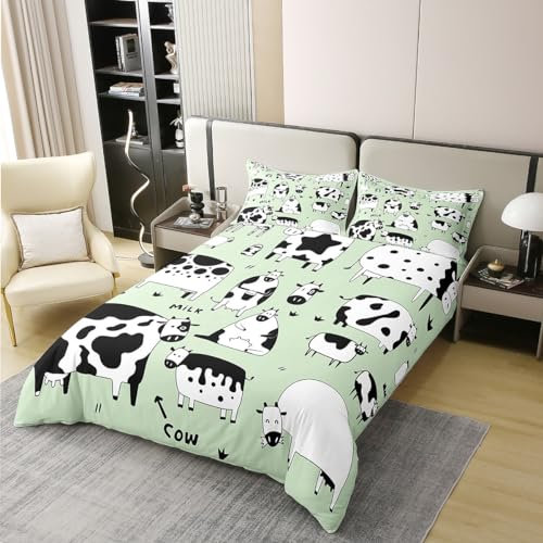 richhome Juego de ropa de cama de vaca de dibujos animados, juego de funda de edredón de animales de granja, juego de funda de edredón de vaca lechera, color verde y blanco, funda de edredón para