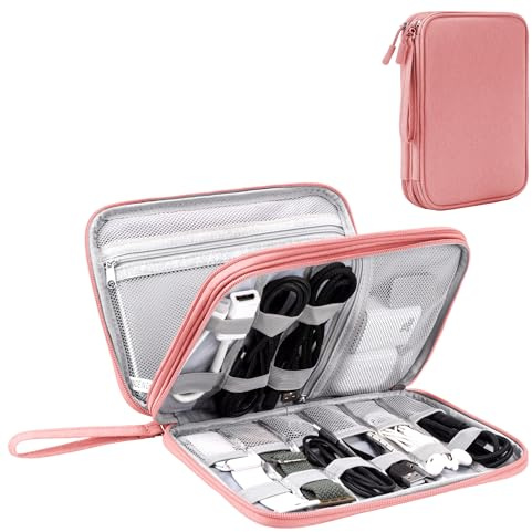 Arae Electronic Accessories Organizer, Travel Essentials Cable Bag with Double-Layer Storage for Cables, Cards, Chargers - Pink, L