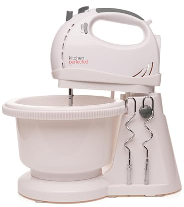 Kitchen Perfected Electric Stand Mixer with Bowl, 2L, 300W, Tilting Stand and Whisks and Dough Hooks, 5-Speed Hand Mixer with Turbo Function - E5434WH