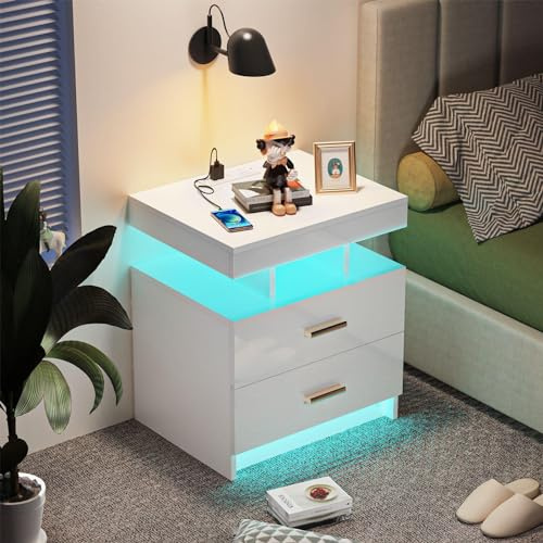CHOWGOLI Nachttisch LED, Nachtschrank mit Steckdose und Ladefunktion, Beistelltisch mit 2 Schublade Viel Stauraum, Nightstand für Schlafzimmer Wohnzimmer, Nachttisch Weiß, 50x40x58cm