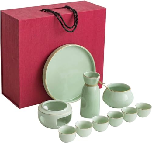 Set per Sake con scaldavivande, Set per saka Caldo Giapponese in Ceramica da 10 Pezzi (Base Candela Verde)
