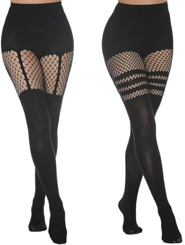 SamHeng Bretella Strisce Collant per Donna, 2 Paia Nero Elastico Collant Opachi Vita Alta Calze a Rete, Moda Sexy Fishnet Stockings Discoteca Calze da Pesca Collant per Festa Cosplay