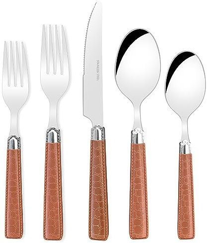 PLMNBQWE Silverware Set Flatware Cutlery Leather Handle Tableware Cutlery Set,Food-Grade Stainless Steel,Mirror Finished Utensil Sets for Home Restaurant