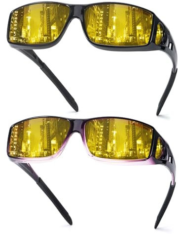 TJUTR 2Pack Night Driving Glasses Anti Glare Fit Over Glasses for Men Women Polarised Night Vision Yellow Lens for Glare Guard at Nighttime/Rain/Fog