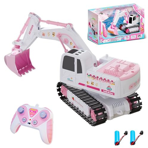 Hylukon Excavatrice Télécommandée pour s s de 3 Ans et Plus, Pelleteuse télécommandée, 6 Canaux,1:24 Excavatrice avec lumières et Musique,Rose