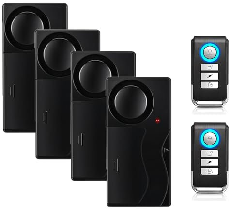 Mengshen Allarme senza fili anti furto, vibrazione, finestra, allarme con sensore di movimento con 2 telecomandi, allarme antifurto per bicicletta, EBikes Scooter Auto 110dB forte (4 sensori con 2