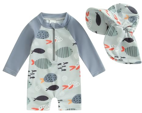 Springcmy Badeanzug für Kleinkinder, Baby, Jungen, Einteiler, langärmelig, Rashguard, Reißverschluss, Badebekleidung mit Hut, Strandmode, Neoprenanzug, 6-12 Monate