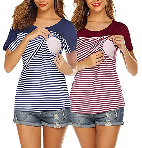 Lot de 2 t-shirts d'allaitement à manches courtes et col rond pour femme Motif rayé, bleu, M
