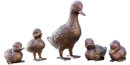 Generisch Bronze-Skulptur Entenfamilie | Ente mit 4 Küken | 16x8x19cm | Tierfigur aus Bronze handgefertigt